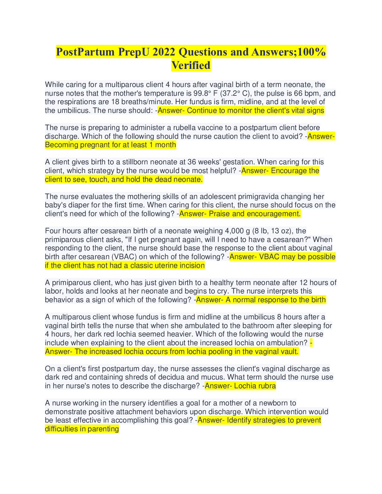 Preview image for PostPartum PrepU 2022 Questions and Answers;100% Verified